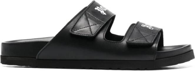 Palm Angels Zwarte Leren Sliders met Dubbele Touch Strap Black Dames