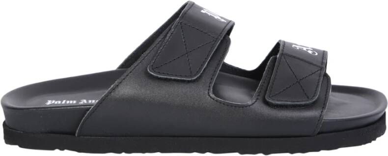 Palm Angels Zwarte Leren Sliders met Dubbele Touch Strap Black