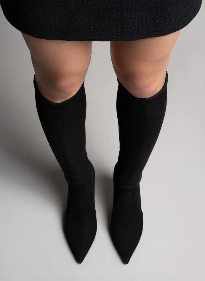 Parallele Zwarte Stretch Suède Puntige Neus Laars Black Dames - Foto 3