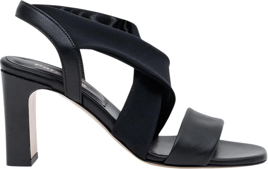 Parallele Zwarte leren en stretch mesh sandaal Black Dames