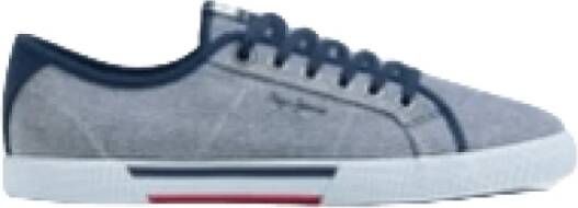 Pepe Jeans Heren Grijze Canvas Sneakers Blauwe Details Gray Heren