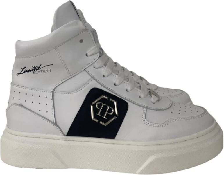 Philipp Plein Beperkte Oplage Witte Leren Sneakers met Zwarte Zij-inzet en Metalen Logo Wit Heren