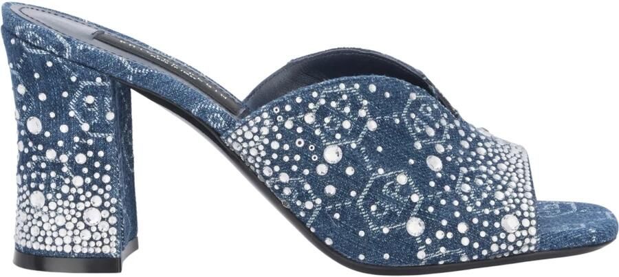 Philipp Plein Denim Mid Heels Platform Sandalen Monogram Strass