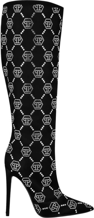Philipp Plein Satijnen Laarzen Hoge Hakken Midden Strass Monogram