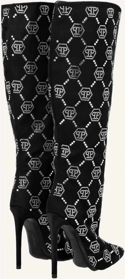 Philipp Plein Satijnen Laarzen Hoge Hakken Midden Strass Monogram - Foto 2