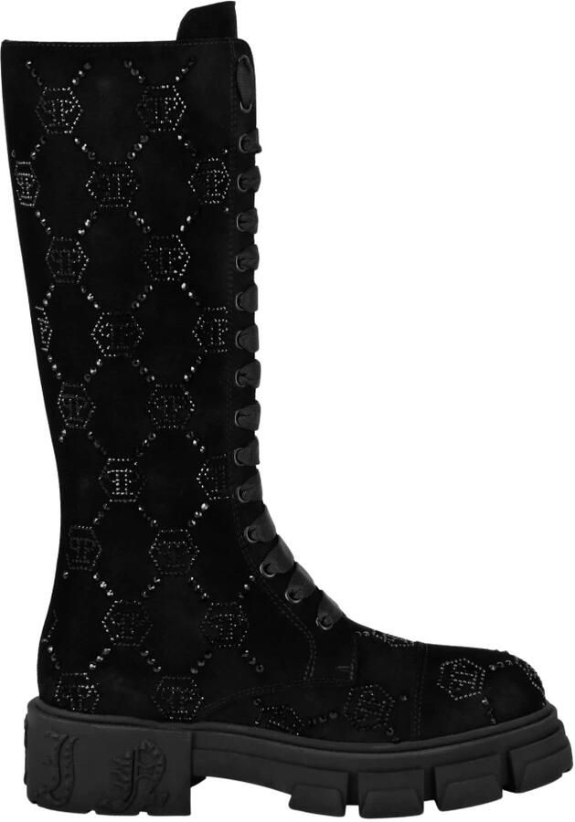 Philipp Plein Suede Laarzen Plat Hoog Strass Monogram - Foto 2