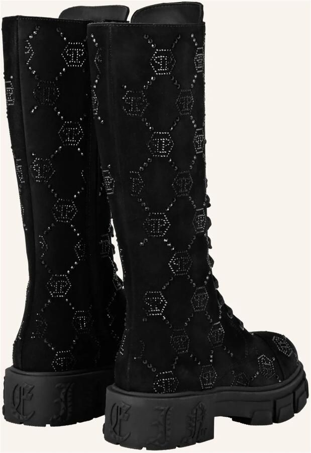 Philipp Plein Suede Laarzen Plat Hoog Strass Monogram