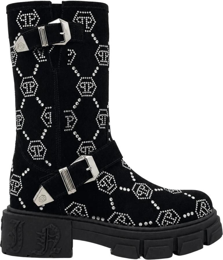 Philipp Plein Suede Strass Laarzen Platte Hoge Monogram