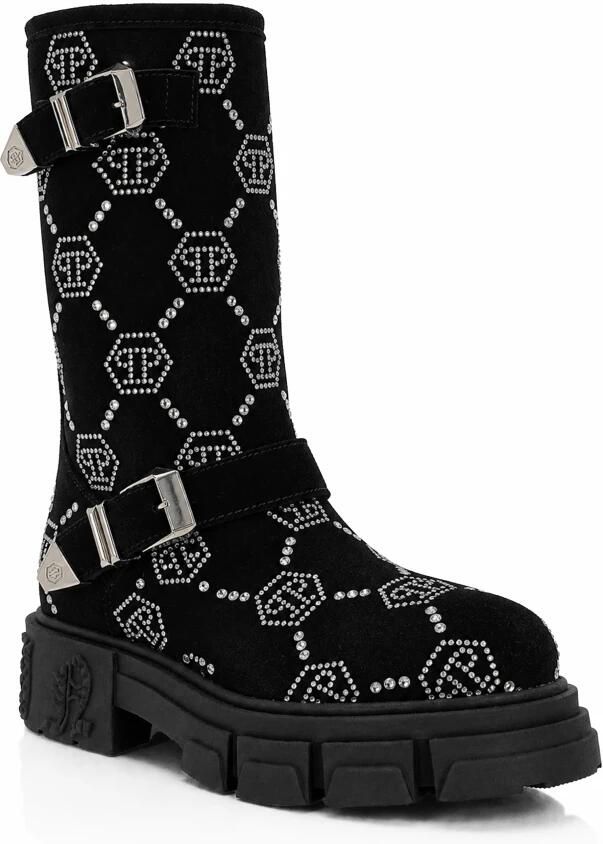 Philipp Plein Suede Strass Laarzen Platte Hoge Monogram - Foto 4