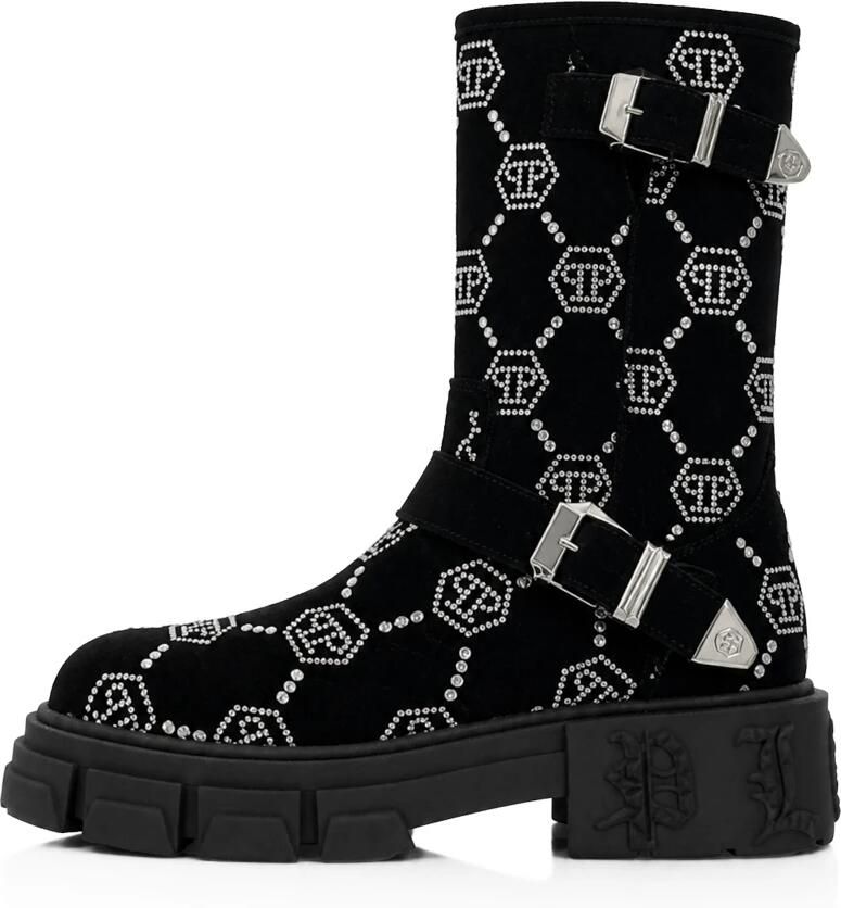 Philipp Plein Suede Strass Laarzen Platte Hoge Monogram - Foto 2