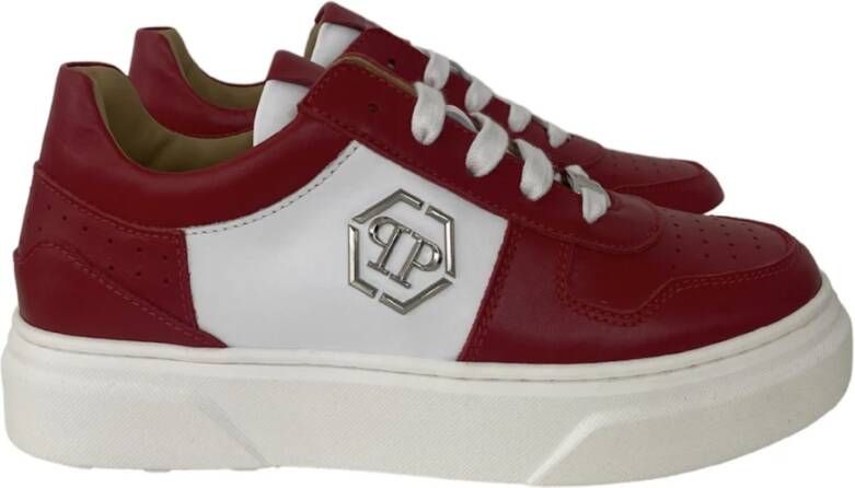 Philipp Plein Rode leren sneakers met witte contrastinzetten en metalen logo Rood Heren