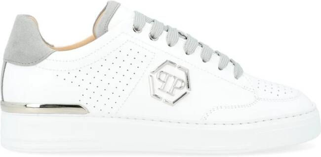 Philipp Plein Witte Geperforeerde Leren Lo-Top Sneaker met Grijze Details White Heren