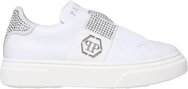 Philipp Plein Witte leren sneakers met suède inzetstukken en zilveren strass Wit Heren