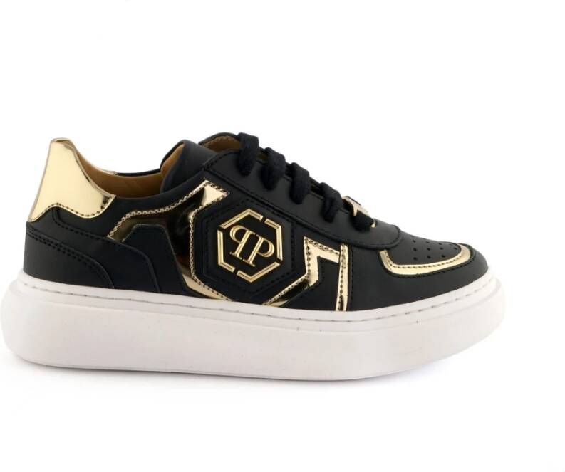 Philipp Plein Zwarte Gouden Sneakers 74645 Upgrade je sneaker game met deze statement sneakers voor vrouwen. Zwart Dames