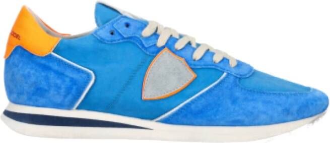 Philippe Model Blauw Oranje Leren Sneakers met Contrast Kraag Blue Heren