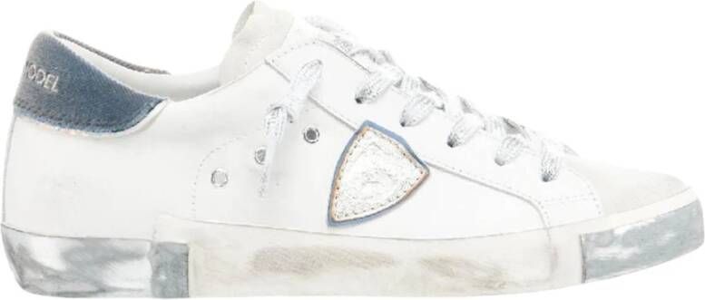 Philippe Model Witte Leren Sneaker met Gebruikte Effectdetails White Dames