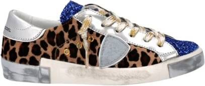 Philippe Model Glitter Lage Sneakers met Zilver Leer en Luipaardprint Blauw Dames