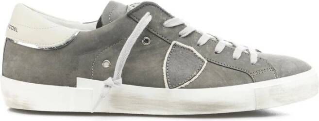 Philippe Model Grijze Leren Sneakers met Logo Patch Gray Heren