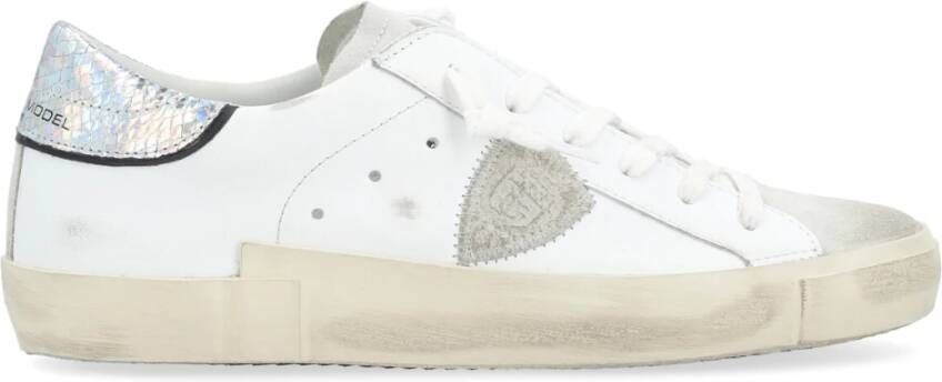 Philippe Model Lage Leren Sneaker met Suede en Glitter Inzetstukken White Dames