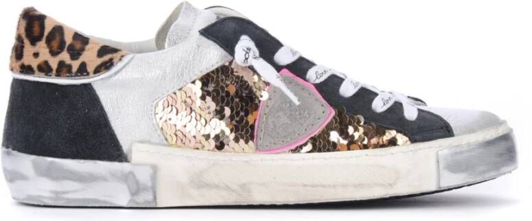 Philippe Model Grijze Leren Sneaker met Zilveren Inzetstukken Gray Dames