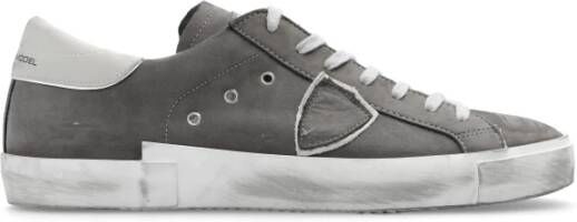 Philippe Model Grijze Leren Sneakers met Logo Patch Gray Heren