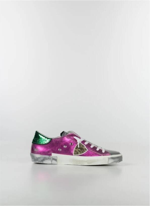 Philippe Model Metallic Leren Sneakers met Gebruikt Effect Zool Roze Dames