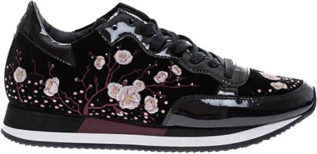 Philippe Model Tropez Bright Patentleren en Fluwelen Sneakers met Geborduurde Bloemen Zwart Dames