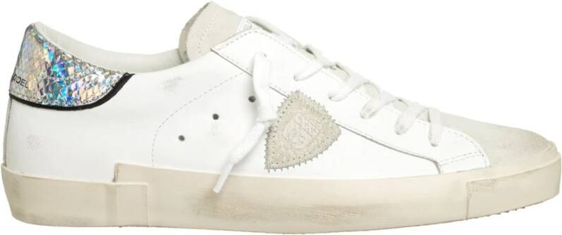 Philippe Model Lage Leren Sneaker met Suede en Glitter Inzetstukken White Dames