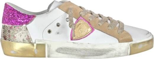 Philippe Model Vintage Leren Sneakers met Glitter en Bloemenprint Multicolor Dames