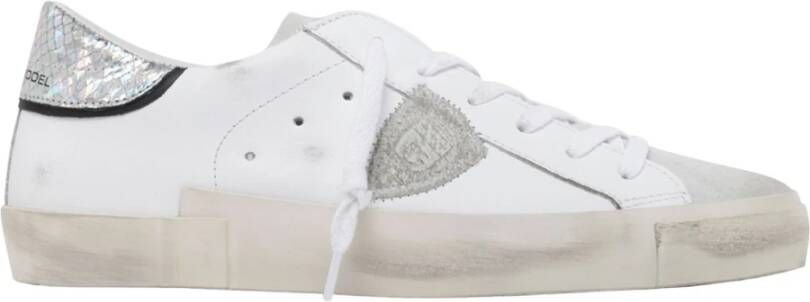 Philippe Model Lage Leren Sneaker met Suede en Glitter Inzetstukken White Dames