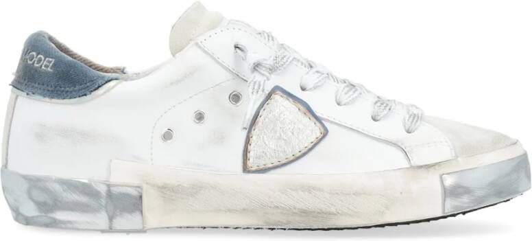 Philippe Model Witte Leren Sneaker met Gebruikte Effectdetails White Dames
