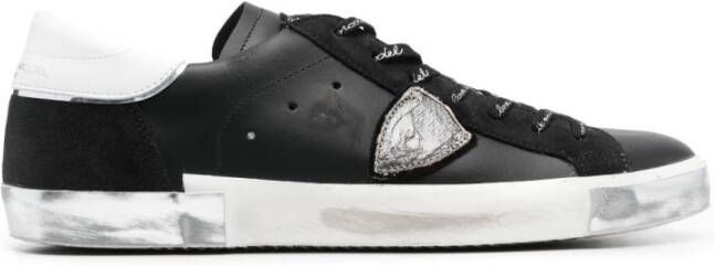 Philippe Model Zwarte Leren Logo-Patch Sneakers Zwart Heren