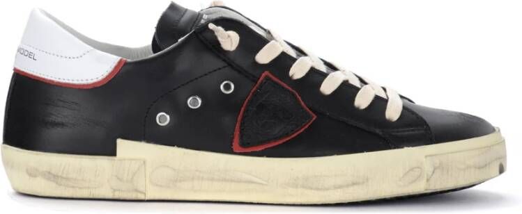 Philippe Model Zwarte leren sneaker Paris X met witte en rode spoiler Black Heren