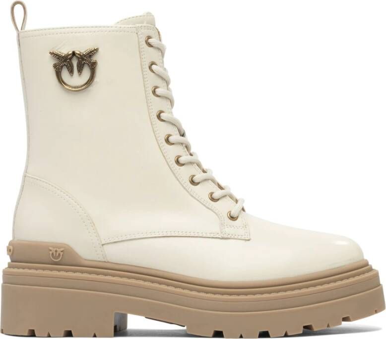 Pinko Boots Ankle-High Leather Boots With Gold Hardware Detail in wit