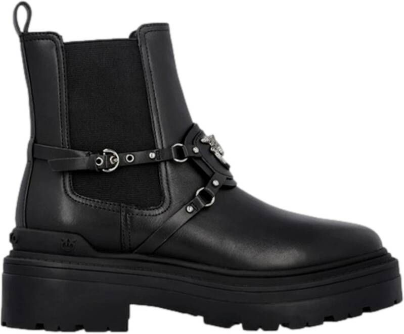 pinko Leren enkellaarzen met logoriem Black Dames