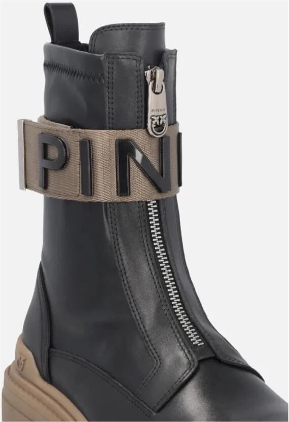 Pinko Boots Stretch Leather Biker Lace-Up With Gold Buckle in zwart - Foto 8