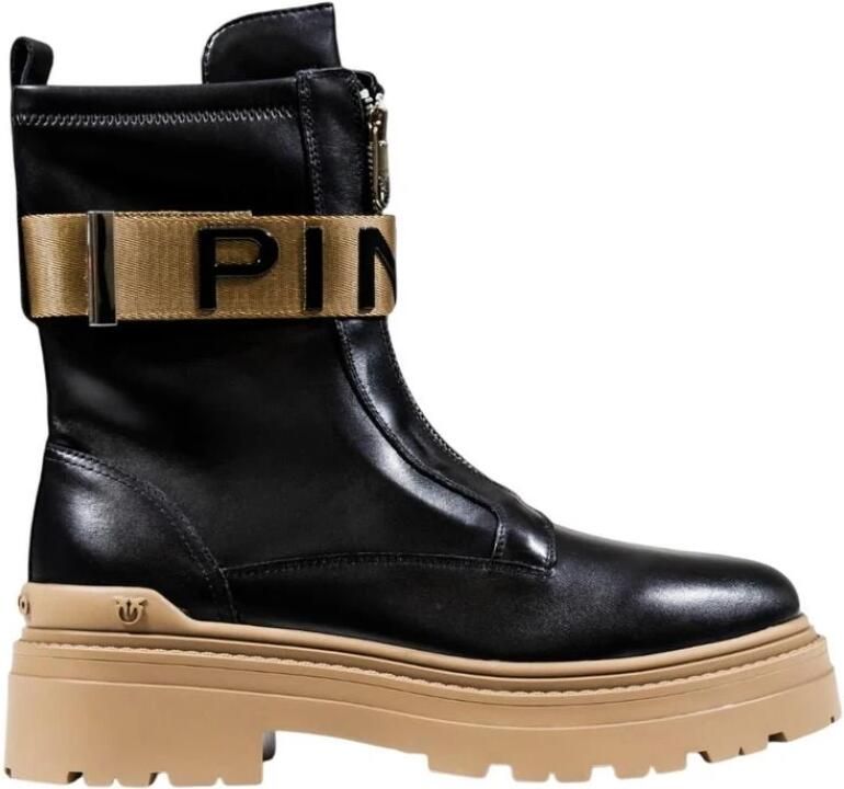 Pinko Boots Stretch Leather Biker Lace-Up With Gold Buckle in zwart - Foto 5