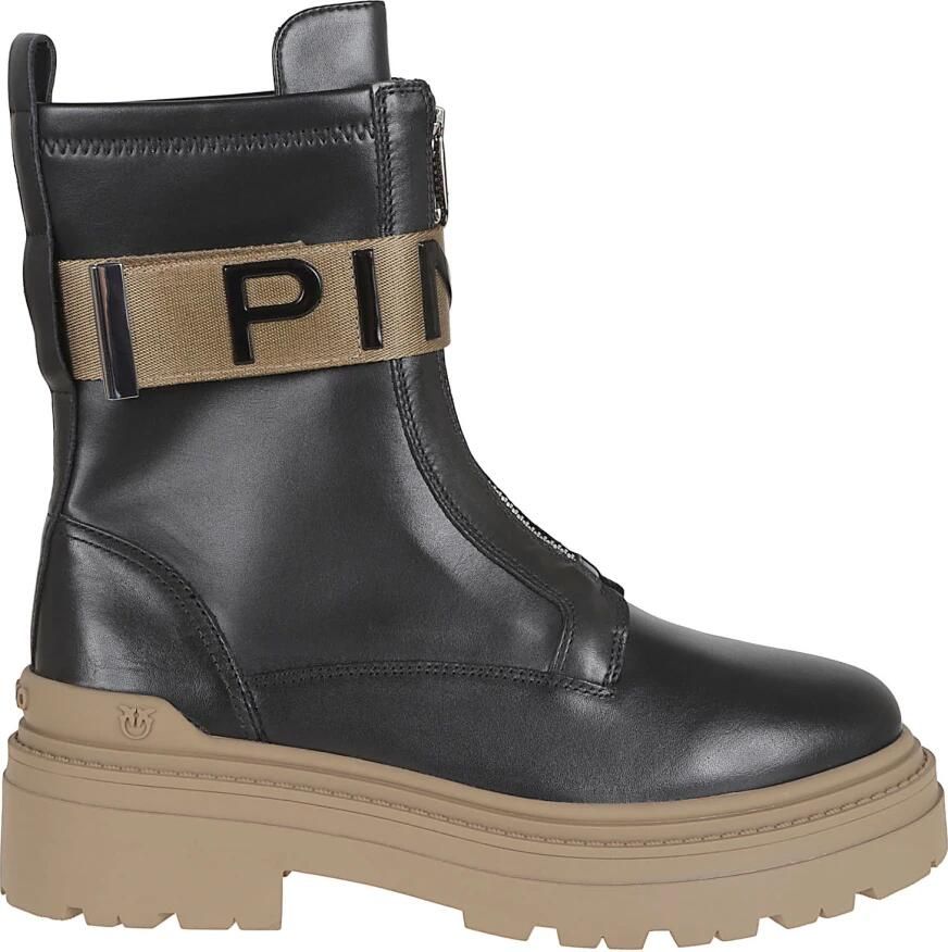 Pinko Boots Stretch Leather Biker Lace-Up With Gold Buckle in zwart - Foto 3
