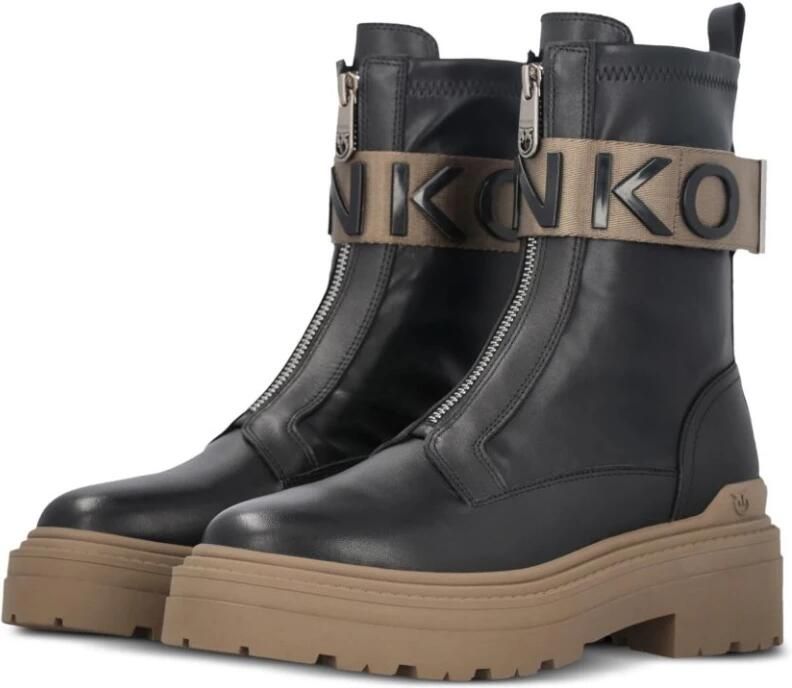 Pinko Boots Stretch Leather Biker Lace-Up With Gold Buckle in zwart - Foto 7