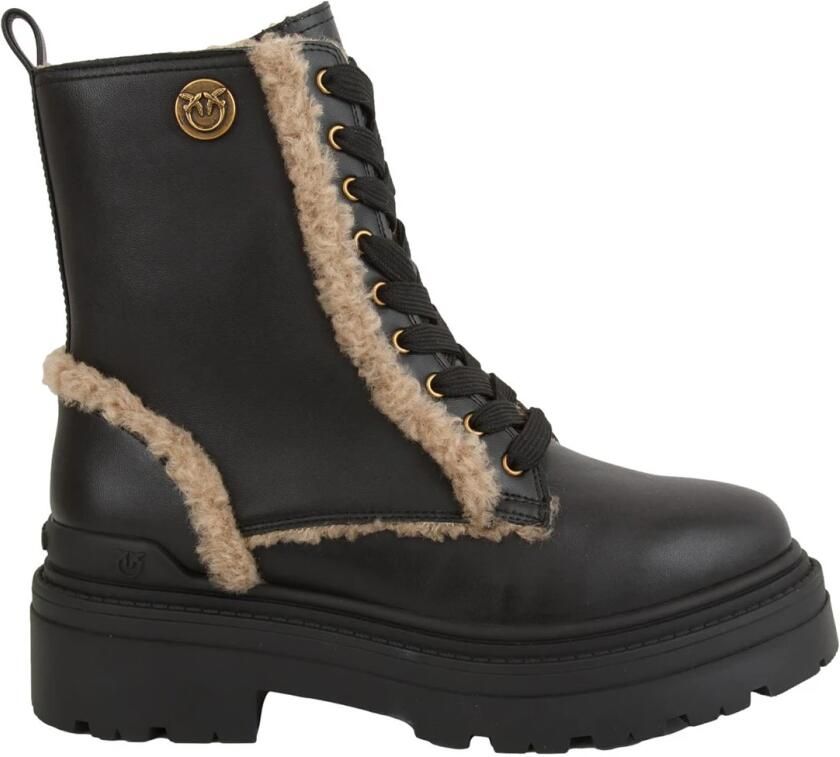 Pinko Boots Black Leather Ankle Boots With Beige Shearling Det in zwart