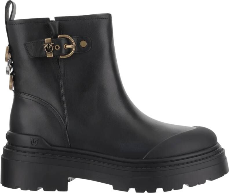 Pinko Zwarte Leren Enkellaarzen met Metalen Detail