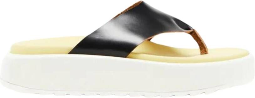 Plan C Zwarte Leren Platform Teenslippers Black Dames