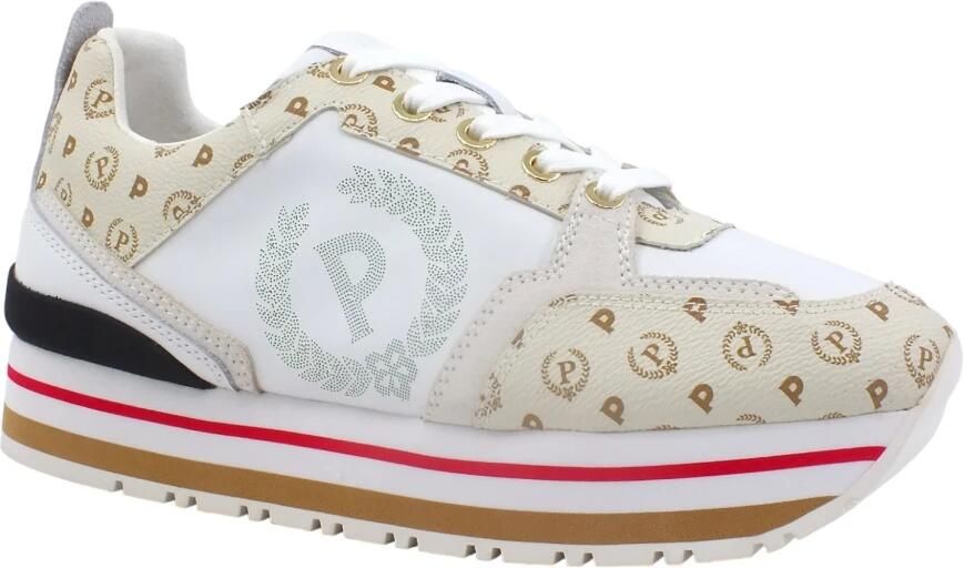 Pollini Witte kalfsleren sneakers met suède en ivoorkleurige PVC-details White Dames