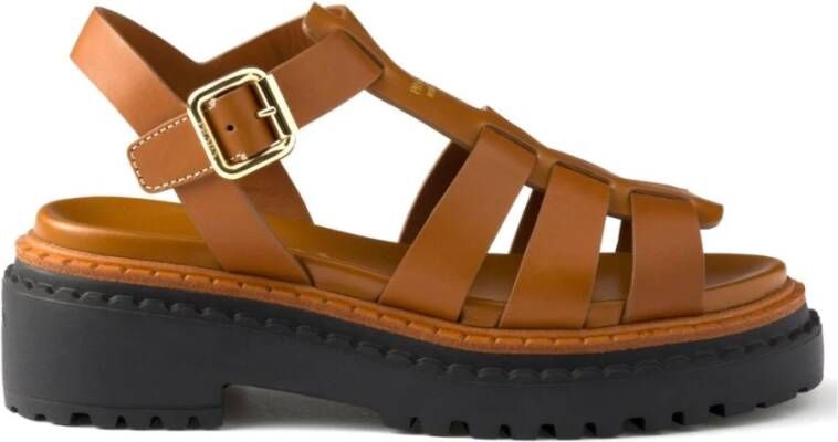 Prada Gouden Bruine Kooi Sandalen Flatform Zool
