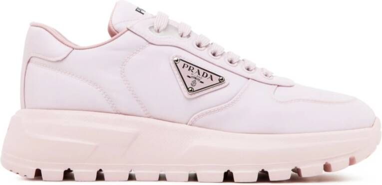 Prada Lichtroze leren sneakers met logo en lage top White Dames