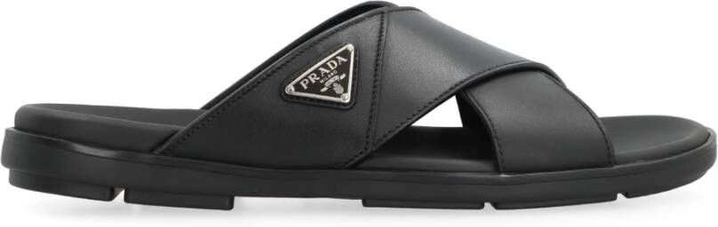 Prada Logo Leren Slippers Ronde Neus
