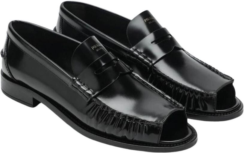 Prada Brushed Leather Peep-Toe Loafers
