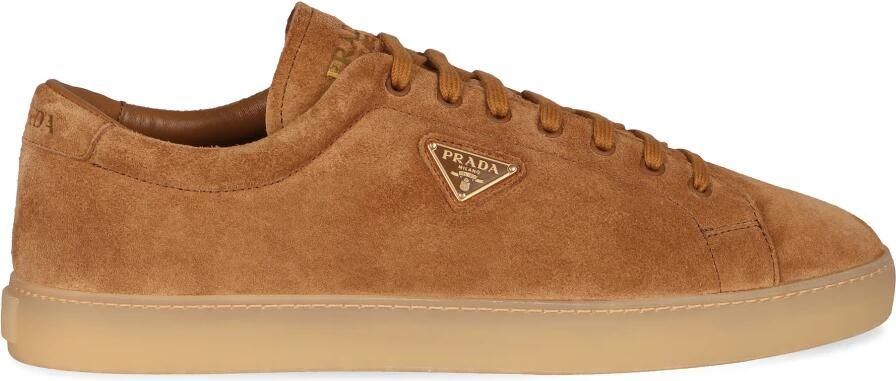 Prada Logo Plaque Suède Sneakers Platte Zool Brown Heren