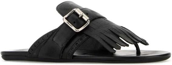 Prada Leren teenslippers met franjes en gesp - Foto 2