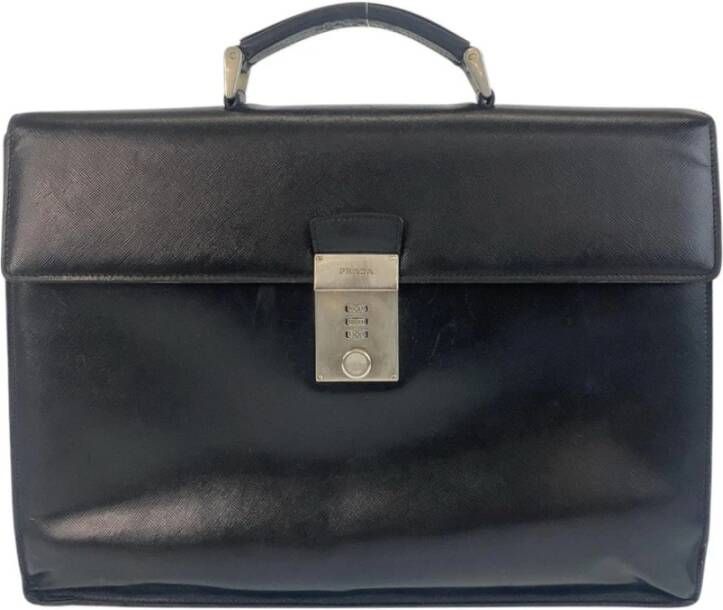 Prada Vintage Tweedehands Elegante Aktetas met Combinatieslot Bovenhandvat en Binnenzakken
